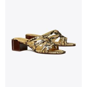 Tory Burch Pale Desert Roccia Basket Weave Leather Block Stacked Heel Size 7.5